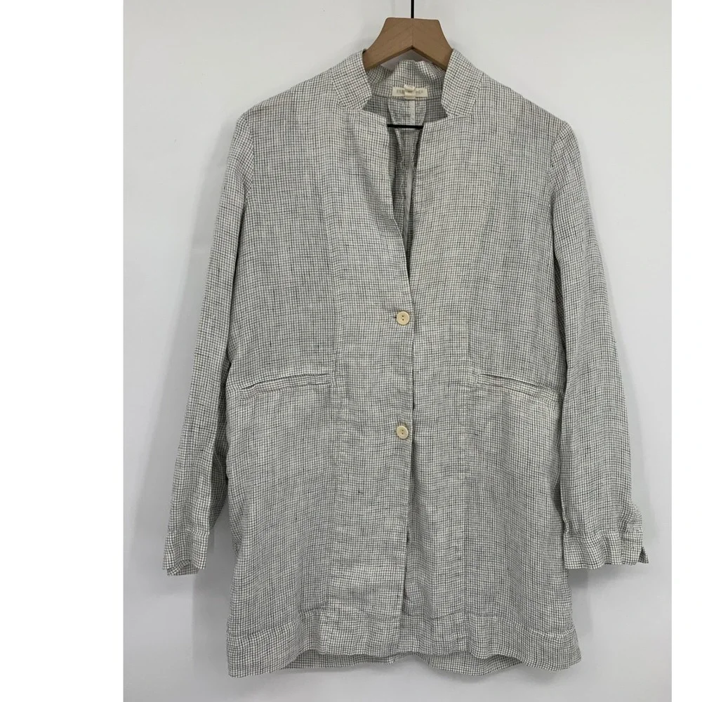 Eileen Fisher Jacket Womens Small Petite White Black Check Organic Linen Button